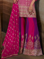 Hot Rani Pink Zarkan Kasab Embroidered Real Georgette Kali Palazzo Suit Set - View 3