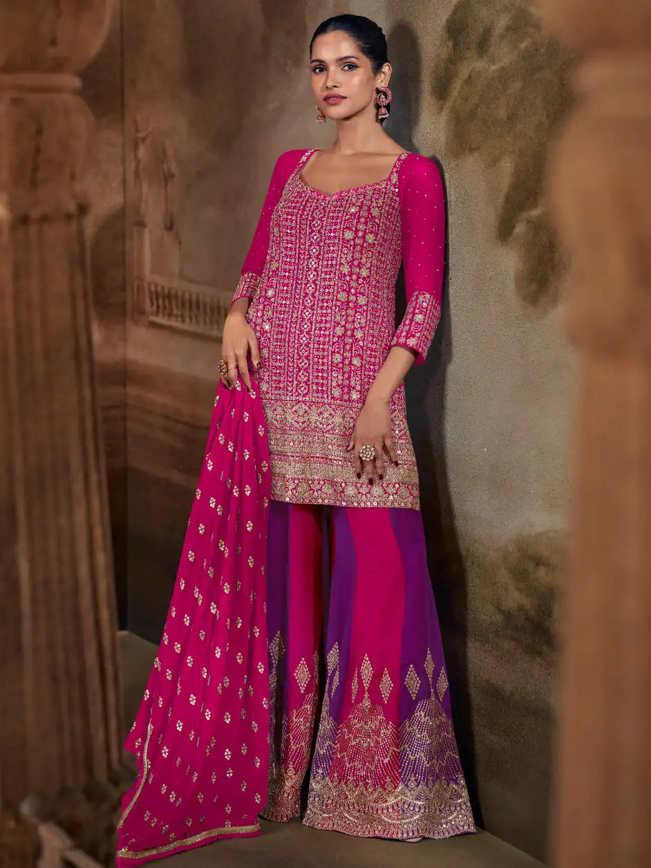 Hot Rani Pink Zarkan Kasab Embroidered Real Georgette Kali Palazzo Suit Set - View 1