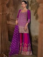 Royal Purple Zarkan Kasab Embroidered Real Georgette Kali Palazzo Suit Set - View 1