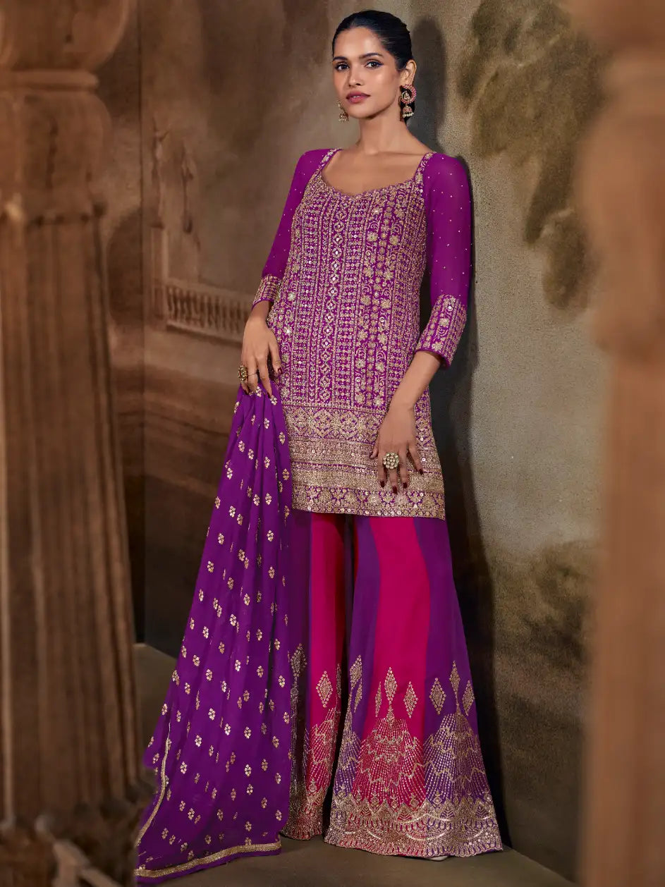 Royal Purple Zarkan Kasab Embroidered Real Georgette Kali Palazzo Suit Set - View 1