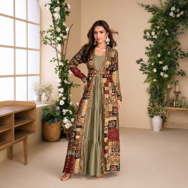 Olive Green Self Jacquard Voile Embroidered Readymade Salwar Kameez by Naksh Creation