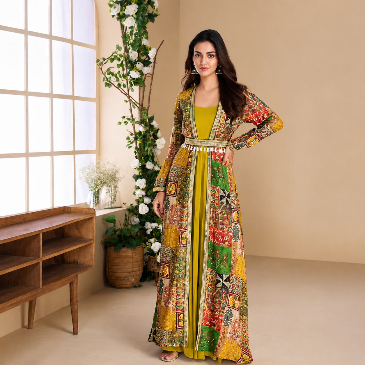 Mustard georgette ready to wear Anarkali suit with embroidered silk shrug