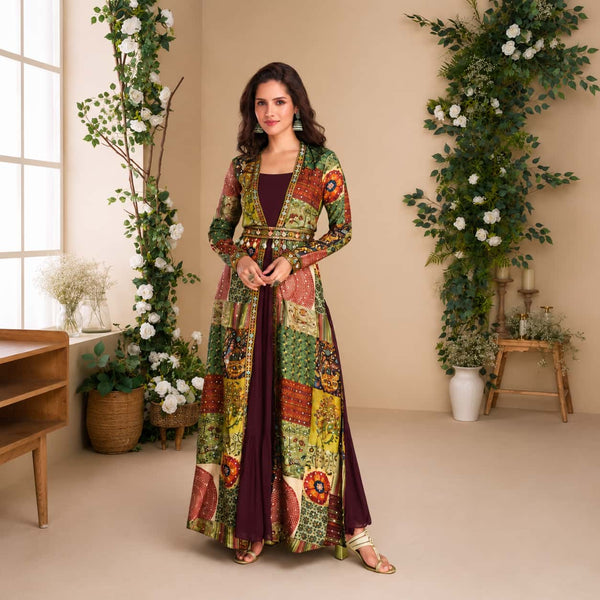 Wine Self Jacquard Voile Embroidered Readymade Salwar Kameez by Naksh Creation