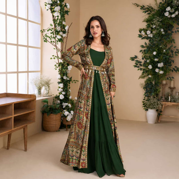 Bottle Green Self Jacquard Voile Embroidered Readymade Salwar Kameez by Naksh Creation