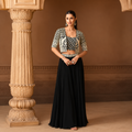 Ready to Wear Black & Ivory Georgette Embroidered Koti Set with Mirror Belt Palazzo