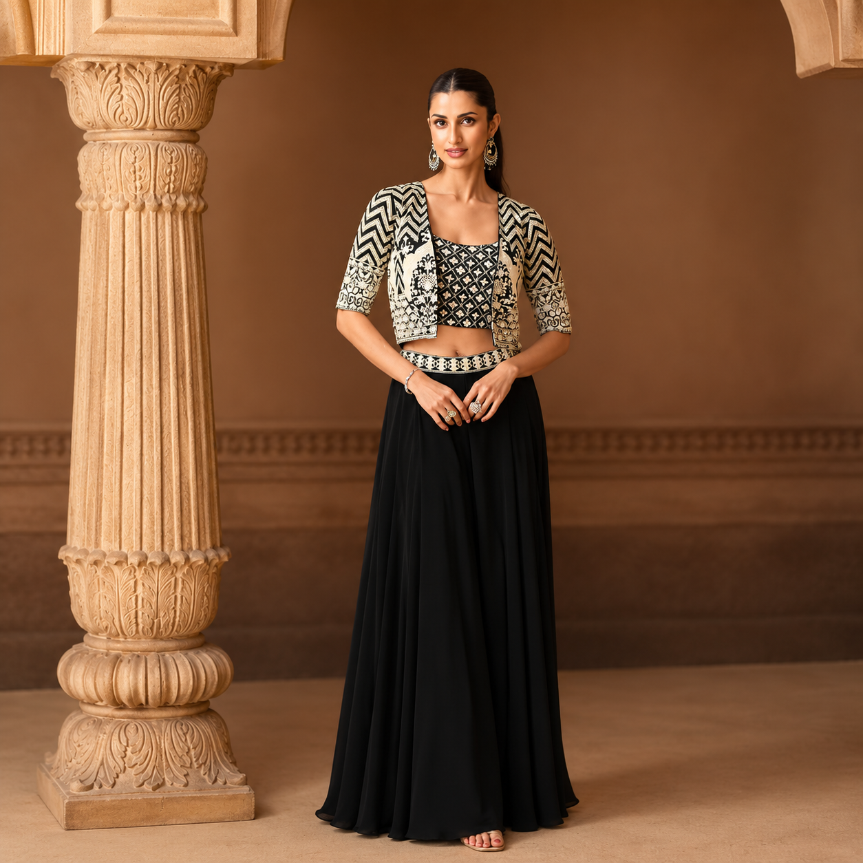 Ready to Wear Black & Ivory Georgette Embroidered Koti Set with Mirror Belt Palazzo