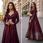 Wine embroidered georgette indo western jacket palazzo set for women