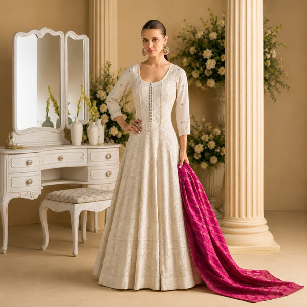 Ivory Premium Real Georgette Chikankari Embroidered Anarkali Suit