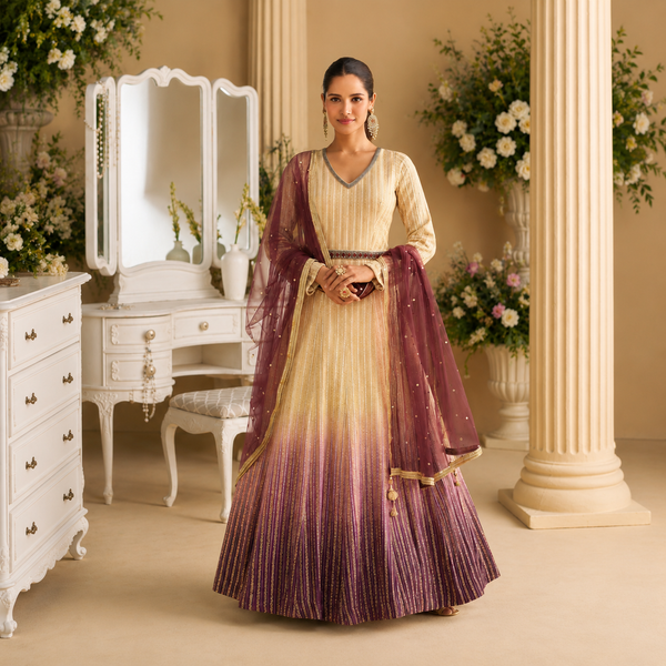 Beige Chinon Silk Embroidered Anarkali Suit