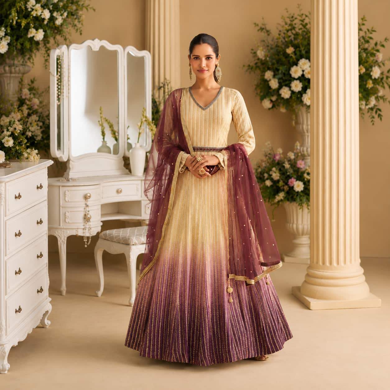 Beige & Mauve Ombre Premium Real Georgette Chikankari Embroidered Anarkali Suit with Embroidered Dupatta