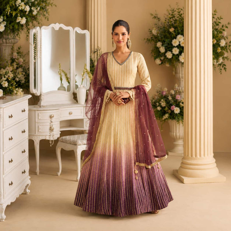 Beige & Mauve Ombre Premium Real Georgette Chikankari Embroidered Anarkali Suit with Embroidered Dupatta
