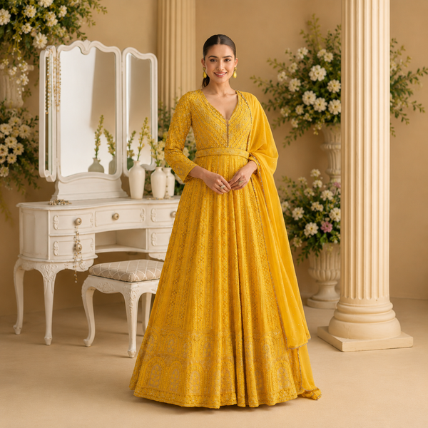 Mustard Yellow Embroidered Ready to Wear Anarkali Suit with Dupatta