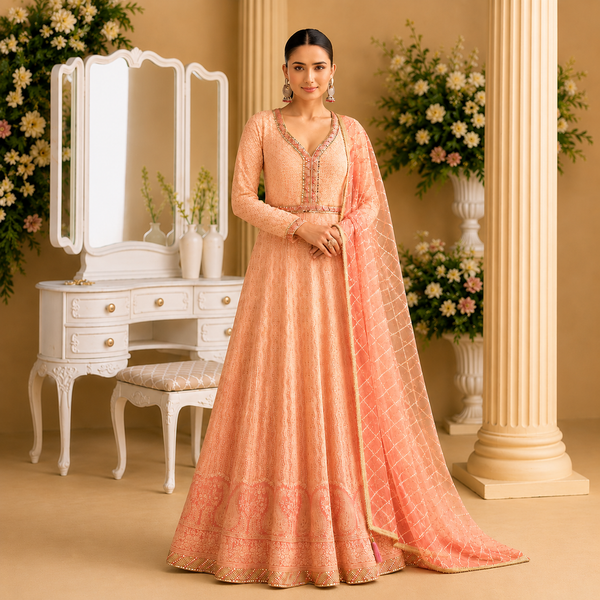 Peach Embroidered Ready to Wear Anarkali Suit with Dupatta