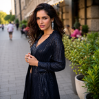Midnight blue premium sequin georgette indo western jacket palazzo set