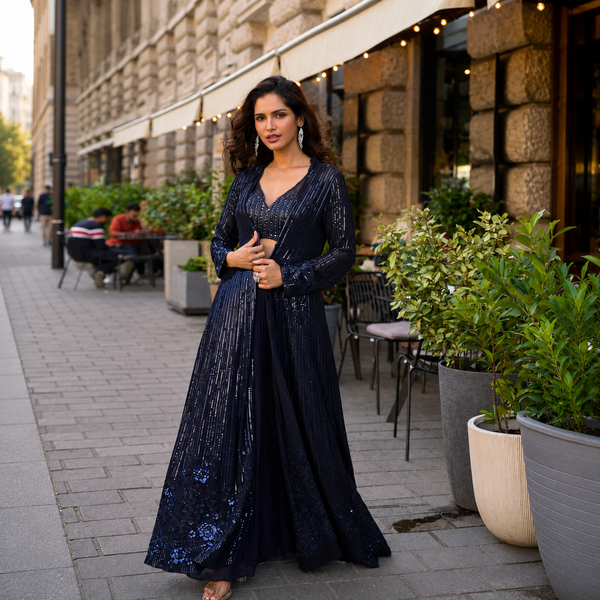 Midnight blue premium sequin georgette indo western jacket palazzo set