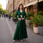 Woman in a green dress standing on a city street