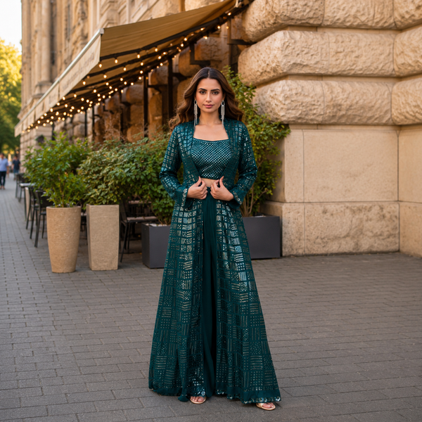 Teal Green Georgette Indo Western Palazzo Set