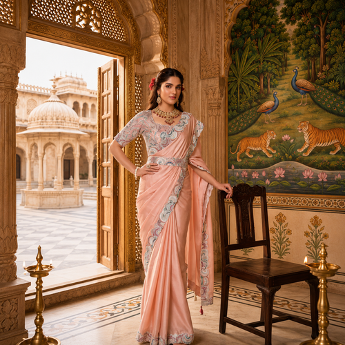 Silk Crepe saree featuring cord embroidery and sequins work for premium occasions.