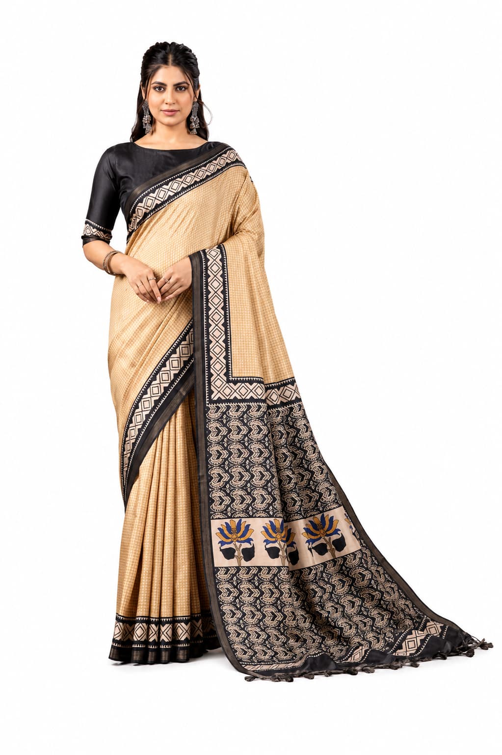 Beige Heritage Soft PV Silk Printed Saree with Beige Unstitched Blouse