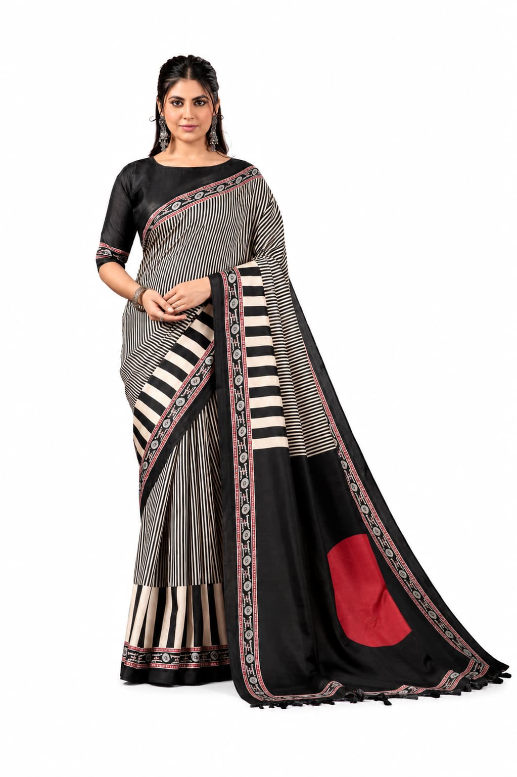 Black & Ivory Designer Soft PV Silk Printed Saree with Black Unstitched Blouse