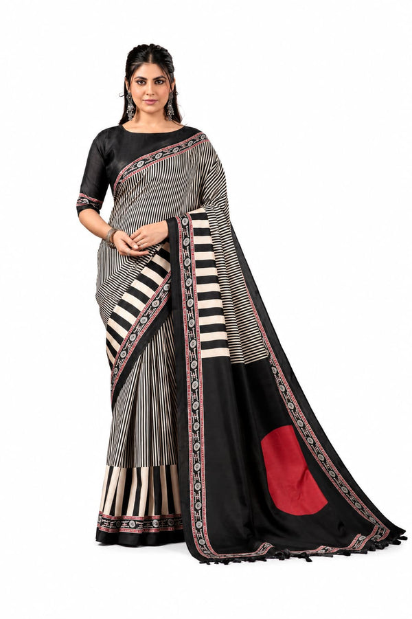 Black & Ivory Designer Soft PV Silk Printed Saree with Black Unstitched Blouse