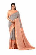 Orange Crepe Silk Stripes & Paisley Print Casual Wear Saree
