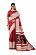 Maroon Geometric Soft PV Silk Printed Saree with Maroon Unstitched Blouse