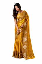 Mustard Yellow Soft Tissue Silk Saree Blouse and Fabric Detail - Naksh Creation