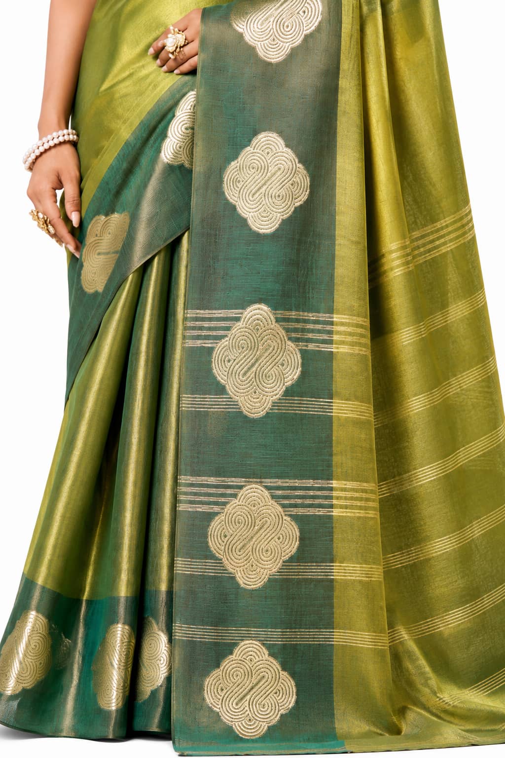 Olive Green Soft Tissue Silk Saree Woven Zari Motif and Pallu Detail - Naksh Creation