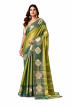 Olive Green Soft Tissue Silk Saree Blouse and Fabric Detail - Naksh Creation