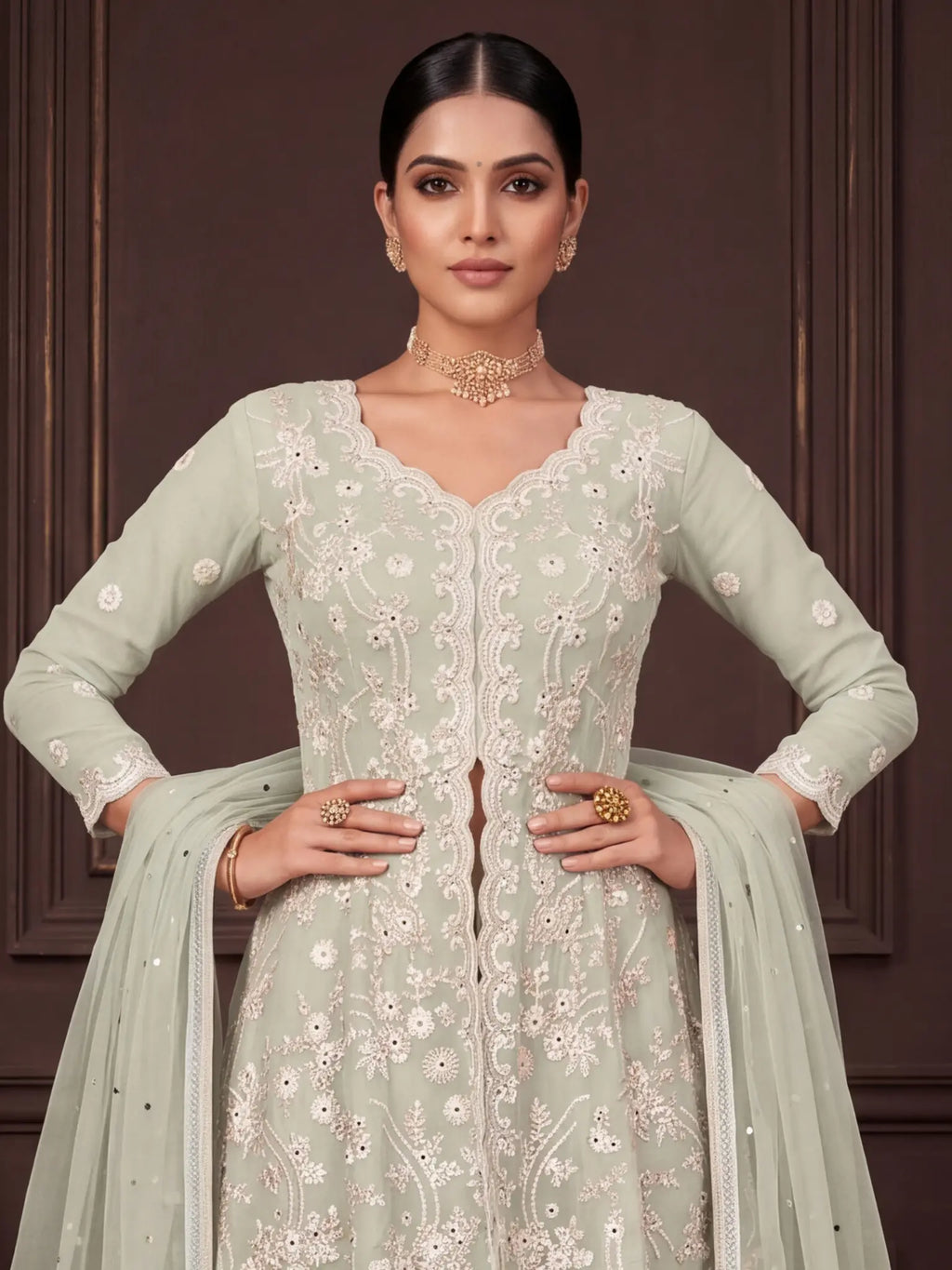 Pista Green Embroidered Real Georgette Sharara Suit Set - View 2