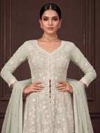 Pista Green Embroidered Real Georgette Sharara Suit Set - View 2