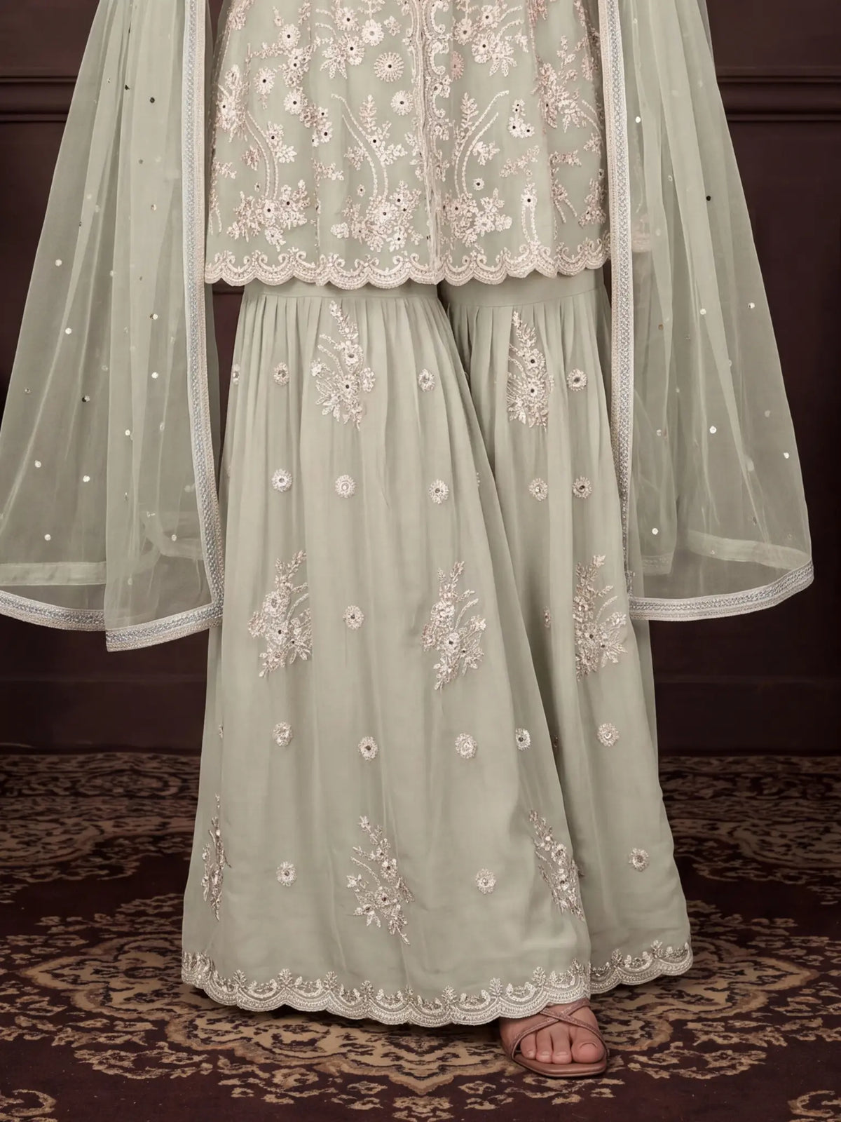 Pista Green Embroidered Real Georgette Sharara Suit Set - View 3