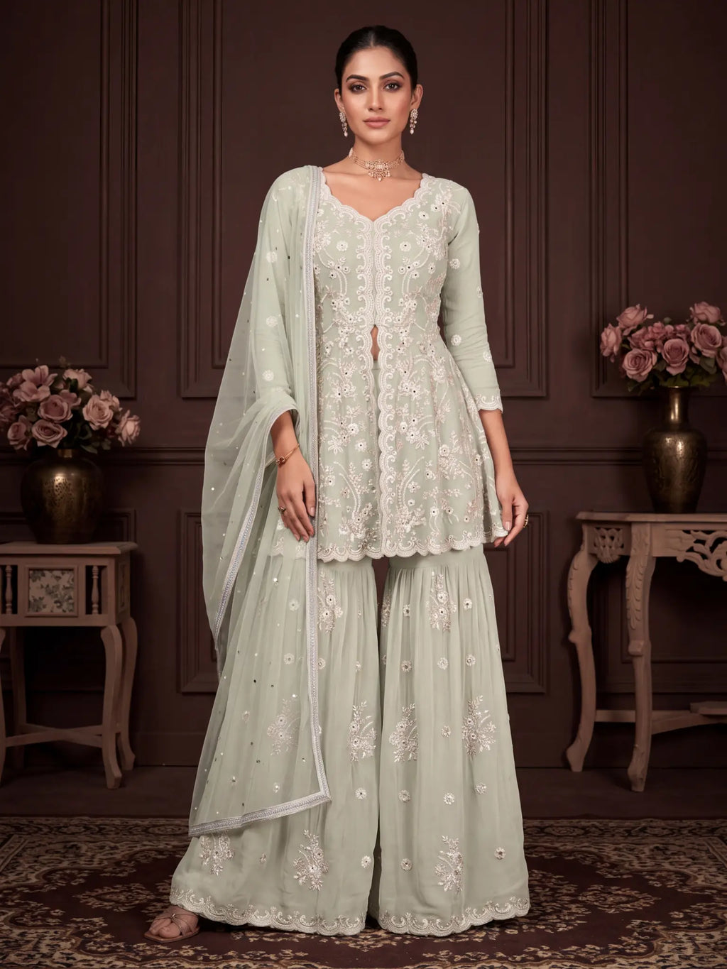 Pista Green Embroidered Real Georgette Sharara Suit Set - View 4