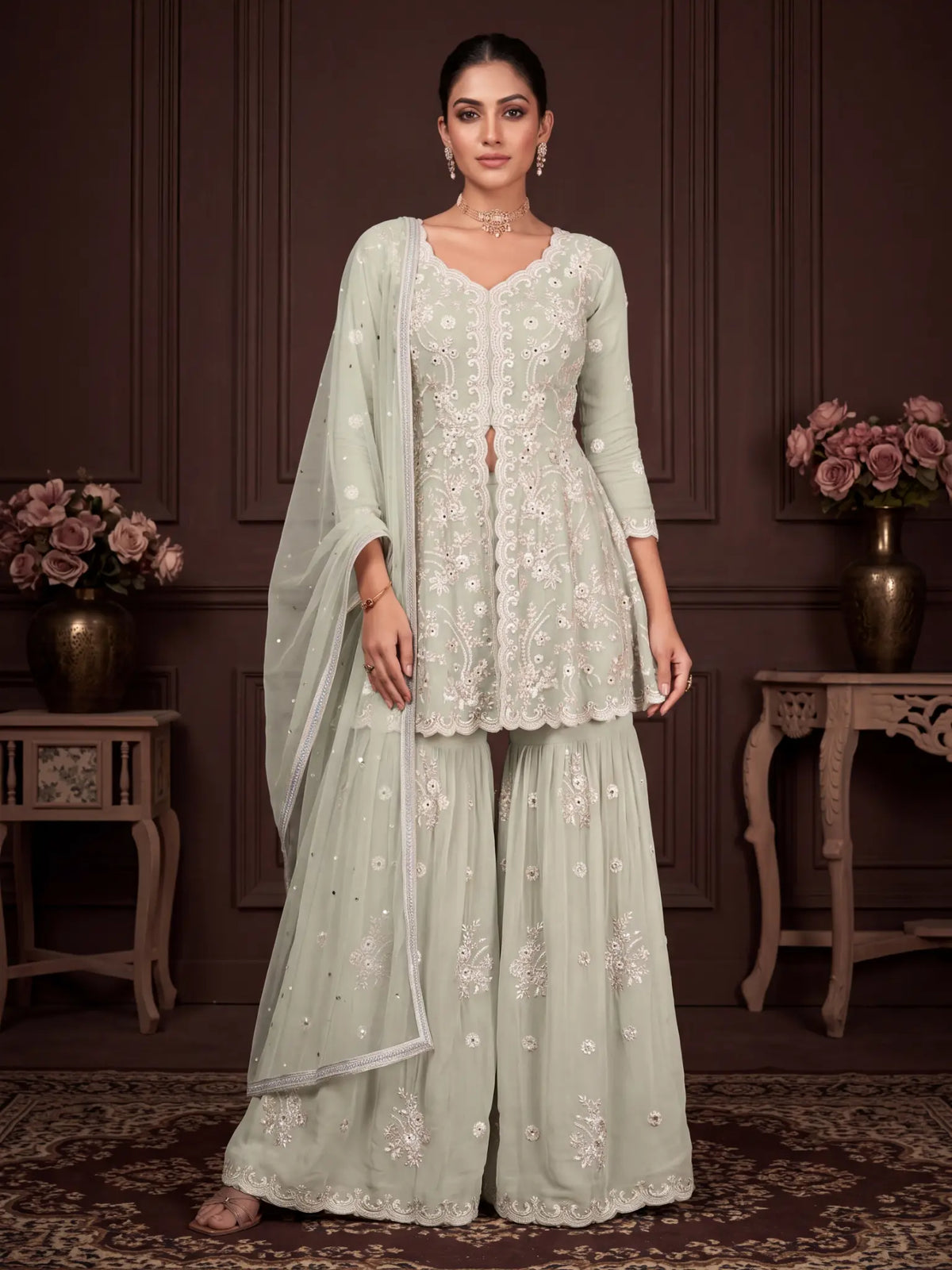 Pista Green Embroidered Real Georgette Sharara Suit Set - View 4