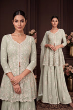 Pista Green Embroidered Real Georgette Sharara Suit Set - View 6