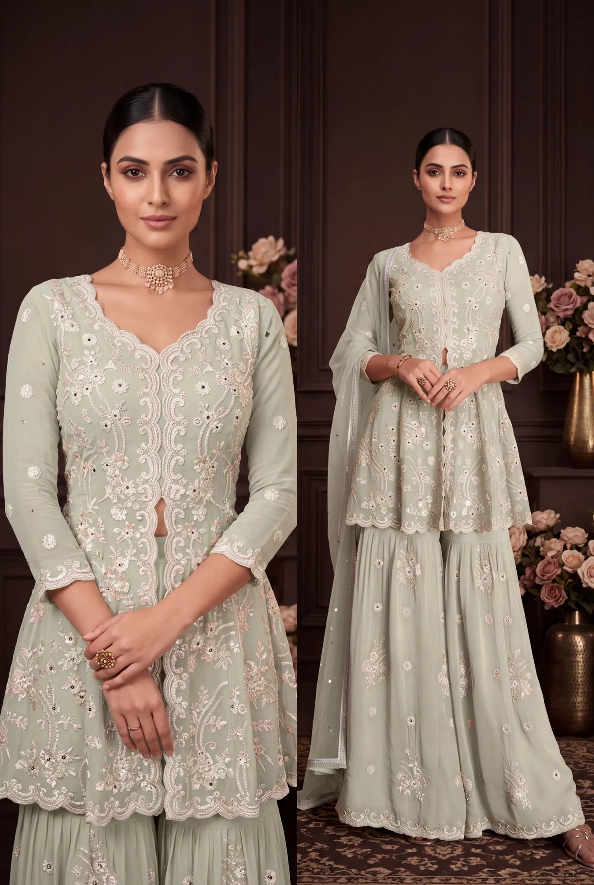 Pista Green Embroidered Real Georgette Sharara Suit Set - View 6