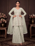 Pista Green Embroidered Real Georgette Sharara Suit Set