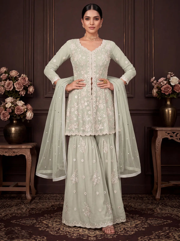 Pista Green Embroidered Real Georgette Sharara Suit Set - View 1
