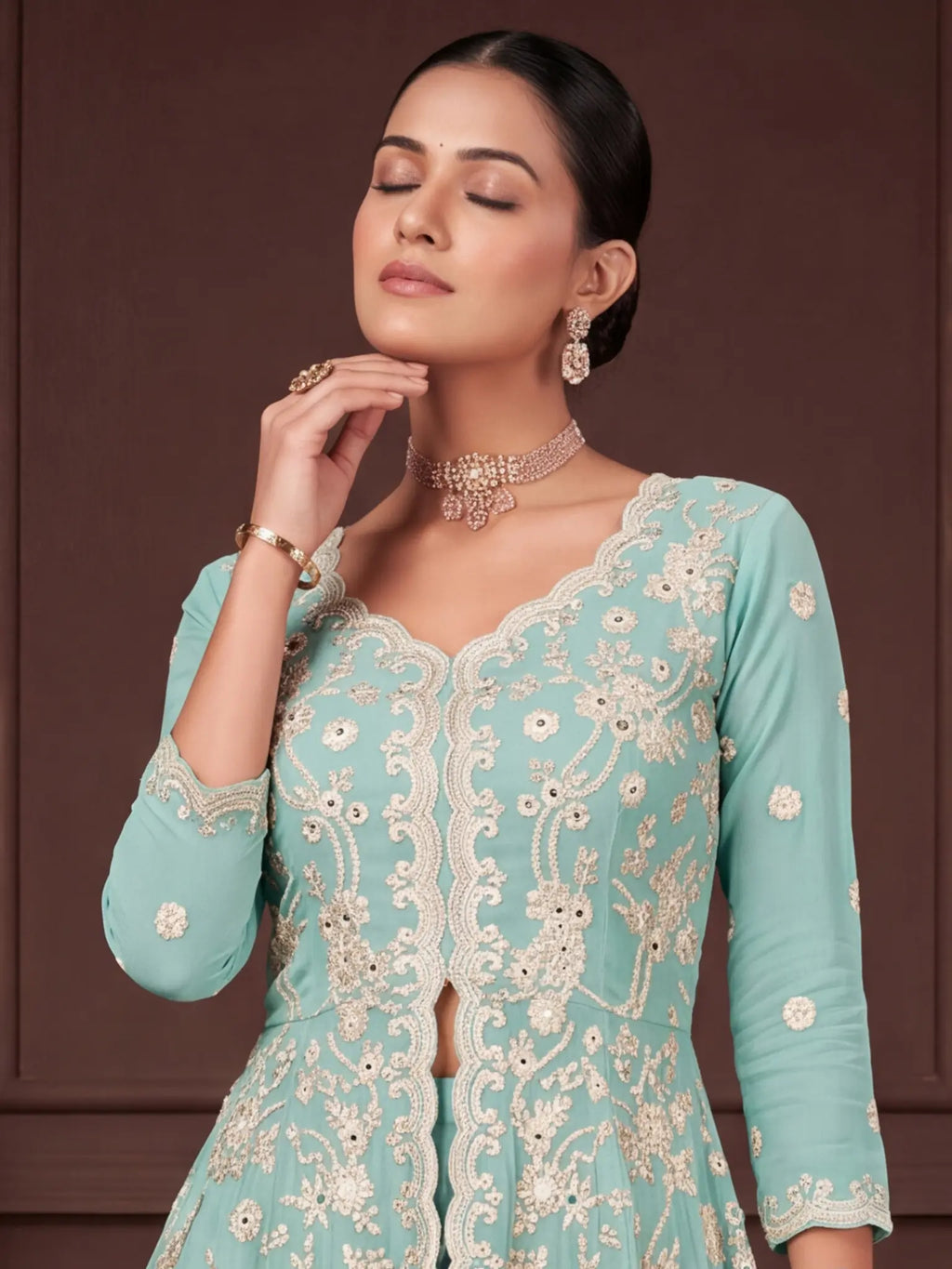 Sky Blue Embroidered Real Georgette Sharara Suit Set - View 2