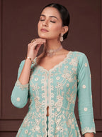Sky Blue Embroidered Real Georgette Sharara Suit Set - View 2