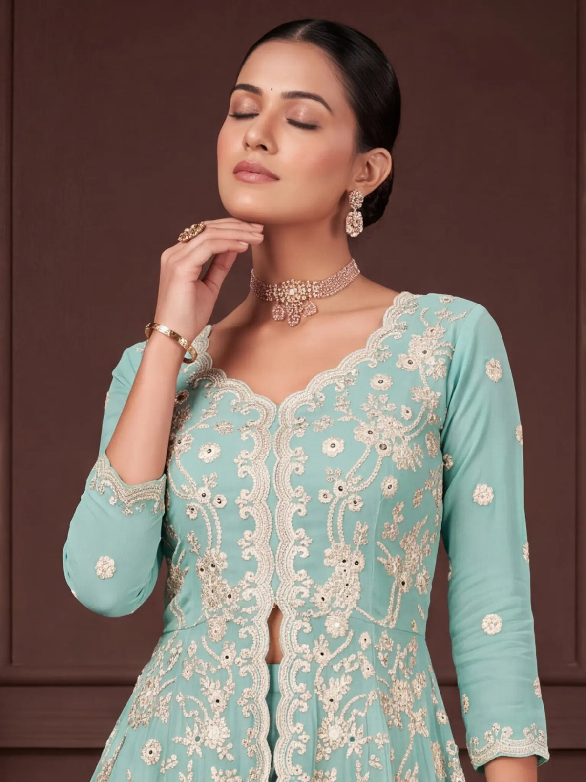 Sky Blue Embroidered Real Georgette Sharara Suit Set - View 2