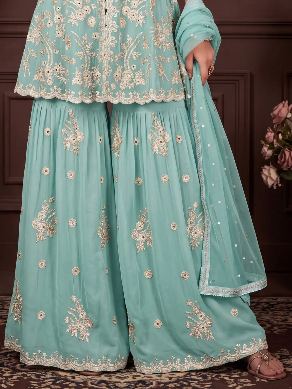 Sky Blue Embroidered Real Georgette Sharara Suit Set - View 3