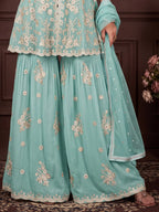 Sky Blue Embroidered Real Georgette Sharara Suit Set - View 3