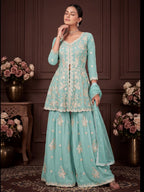 Sky Blue Embroidered Real Georgette Sharara Suit Set - View 4