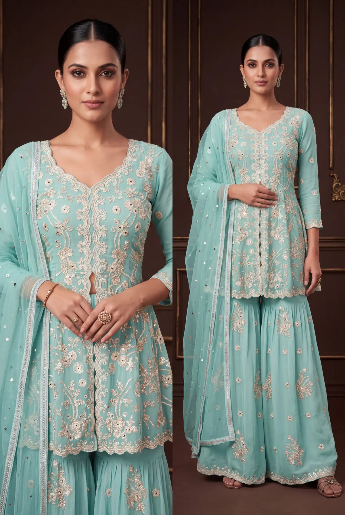 Sky Blue Embroidered Real Georgette Sharara Suit Set - View 5