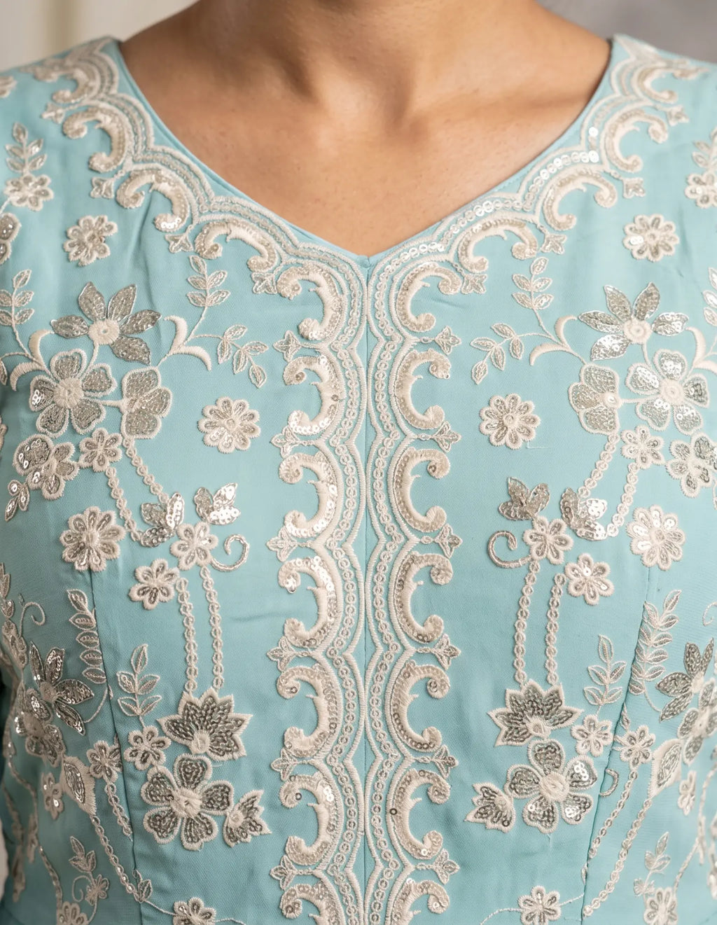 Sky Blue Embroidered Real Georgette Sharara Suit Set - View 7