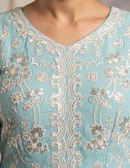 Sky Blue Embroidered Real Georgette Sharara Suit Set - View 7