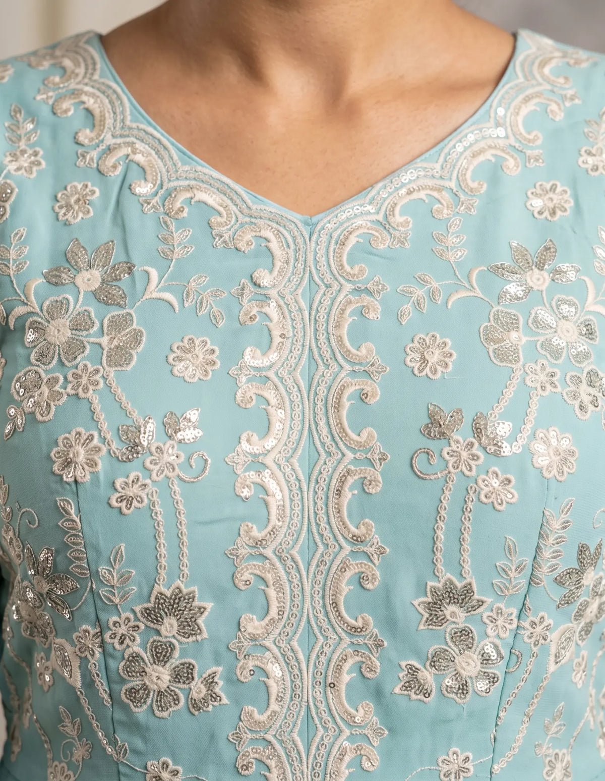 Sky Blue Embroidered Real Georgette Sharara Suit Set - View 7