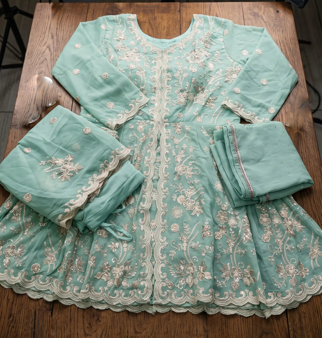 Sky Blue Embroidered Real Georgette Sharara Suit Set - View 8